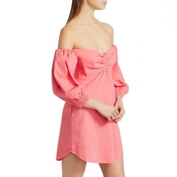 NWT! A.L.C. Mila Off-The-Shoulder Linen Mini Dress in Lychee Size 0/XS